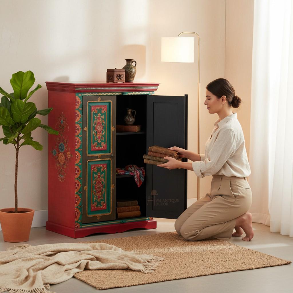 Handbemaltes indisches Holzschrank | Bunter Aufbewahrungsschrank | Rajasthani bemalter Schrank | Blumige Akzentmöbel, Nachttisch Schrank Selbst