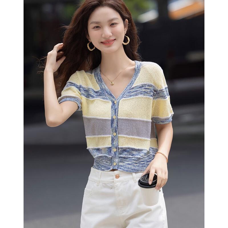 Demana Damen Sommer Petite V-Ausschnitt Color-Block Strick-Cardigan