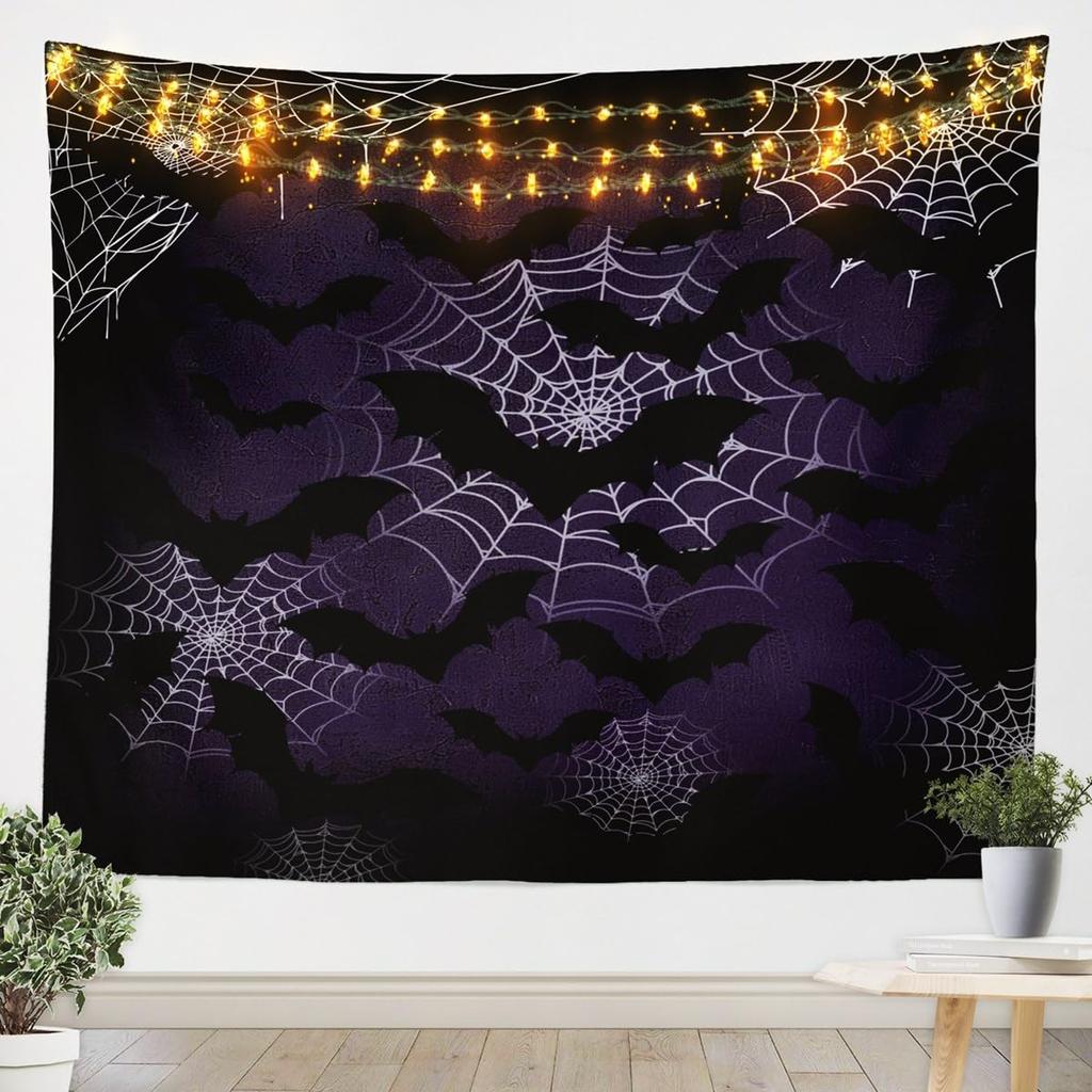 Halloween Spider Wall Hanging Black Spider Silhouette Rustic Tapestries for Living Room Bedroom DecorWhite Cobweb Print Retro