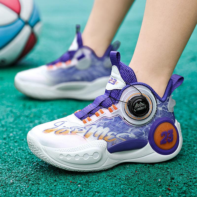 

Autumn mesh lace-up-free boys sports shoes, new rotating button, medium and large children s breathable primary school basketball shoes 41 фіолетовий