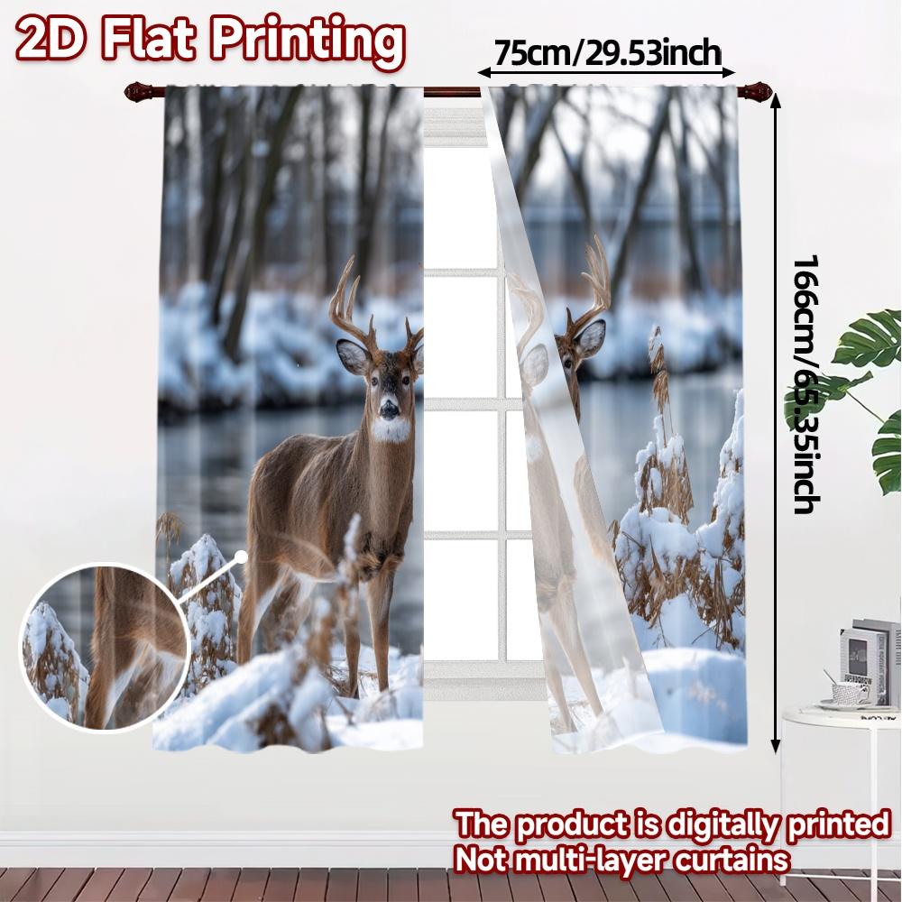 2pcs, 2D FLAT PRINTING Curtains (Without Rod) Winter Stags Popular Contemporary Curtains 100% Polyester Curtains Gifts