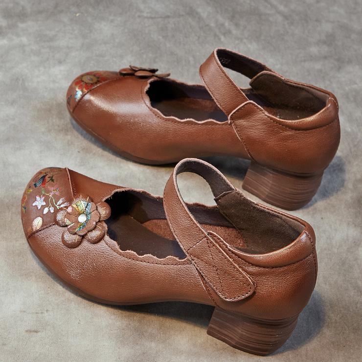 Johnature Etninio stiliaus natūralios odos marginti moteriški batai retro apvalūs pirštai stori kulnai minkšto pado pompos