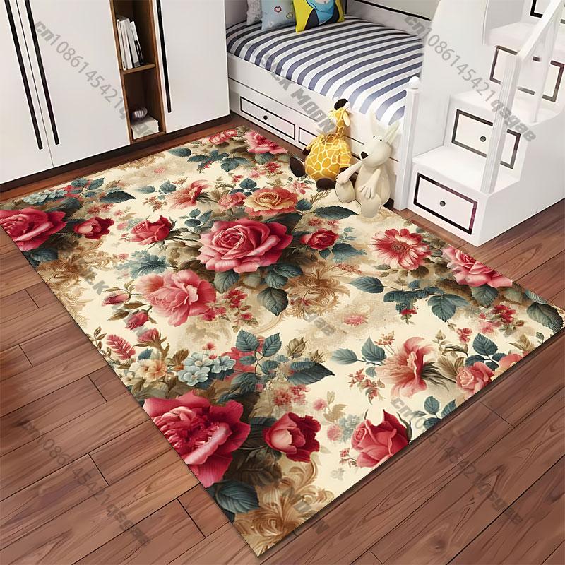 Vintage Floral Pattern Design Carpet Yoga Living Room Room Decor Children's Crawling Mat Doormat Area Rug Games Mat