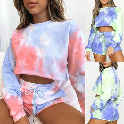 Women 2PC Casual Tie-Dye Sweatshirt Set Long Sleeve Top Drawstring Pants Sets