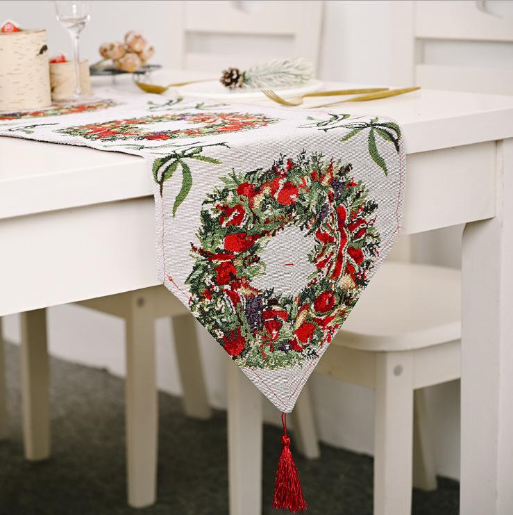 Christmas Table Runner Xmas Printed Tassel Decor Tablecloth Fabric Table Flag for Dining Table Coffee Table Home Kitchen Decor