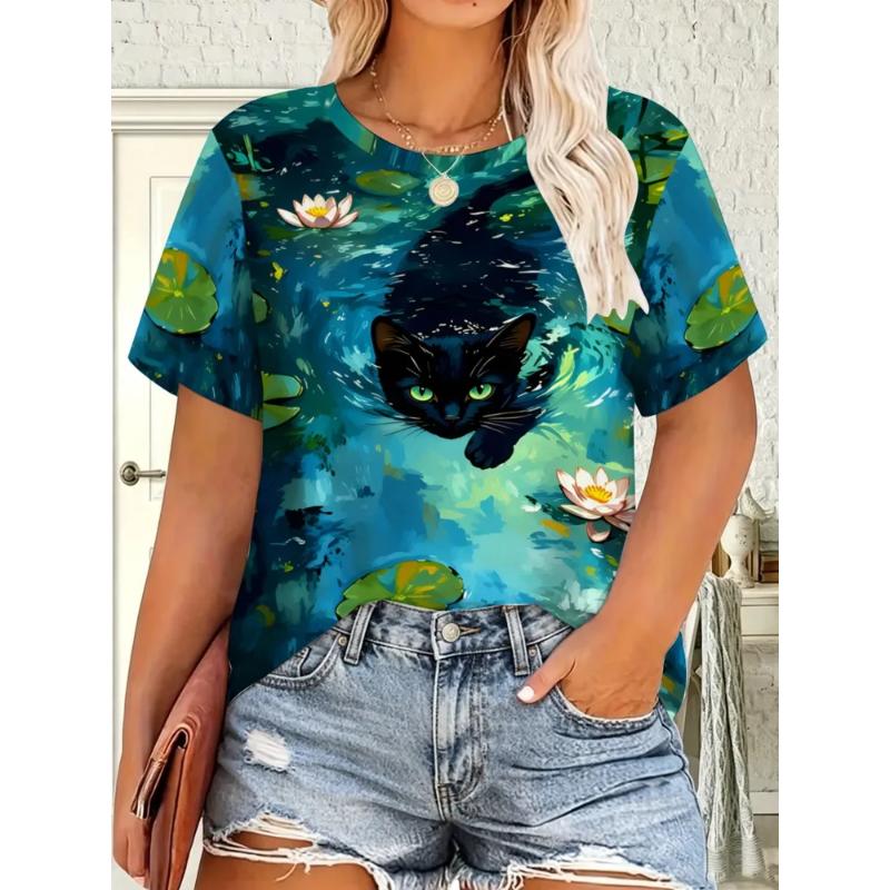 Fashion Women's Crew Neck Short Sleeve 3D Casual Color Printing Casual Short Sleeve Crew Neck T-Shirt