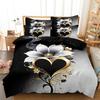 Luxury Gradient Black White Golden Heart Flower Duvet Cover Set, 3Pcs White Magnolia Golden Swirl Romantic Art Pattern Bedding