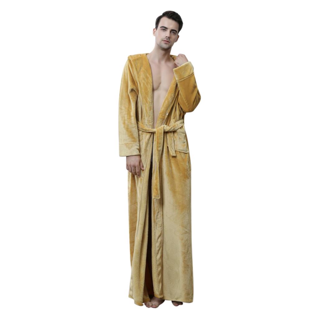 Mens Hooded Thicken Coral Fleece Robe Bathrobe Gown Pajamas Sleepwear Pocket