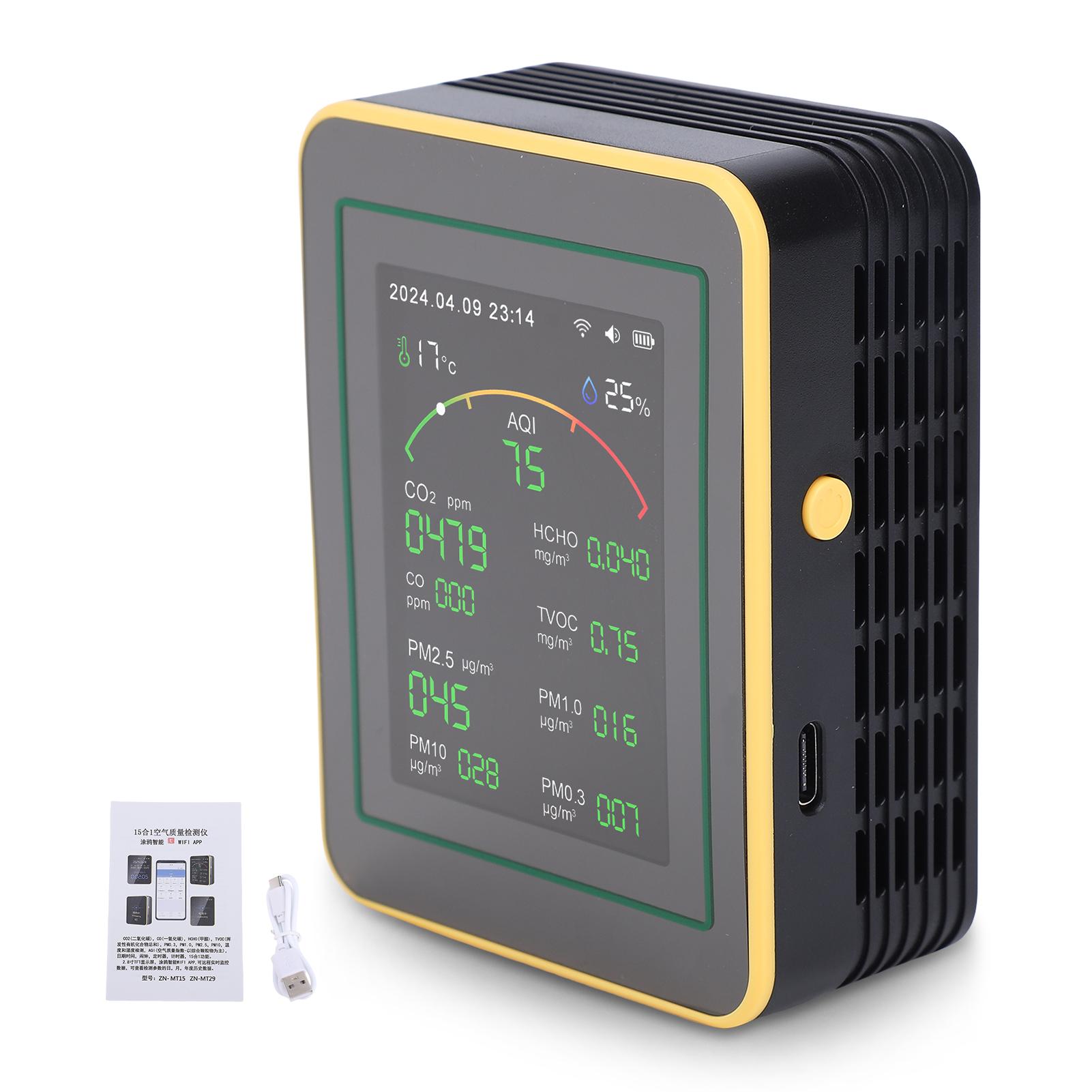 

Air Quality Monitor 15-in-1 WiFi Air Detector with Color LCD Screen for Tuya Smart Detects PM2.5 PM10 CO2 TVOC Temp Humidity чорний