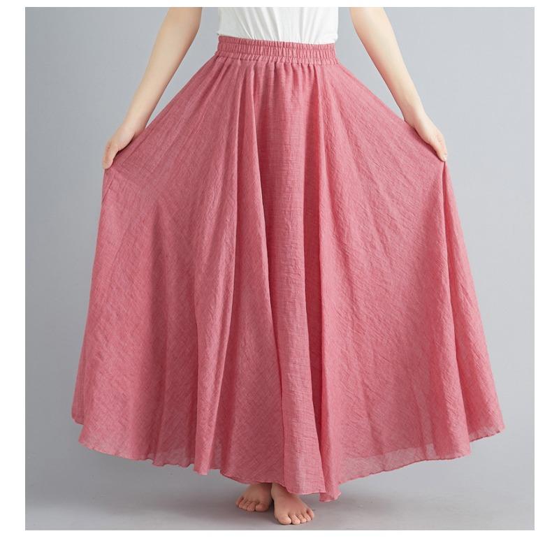 QICED Forest Girl's Artistic Plus-size Cotton and Linen Skirt, Elastic Waist A-line Skirt, Long Solid Color Ethnic Style Large Skirt, 24 Colors
