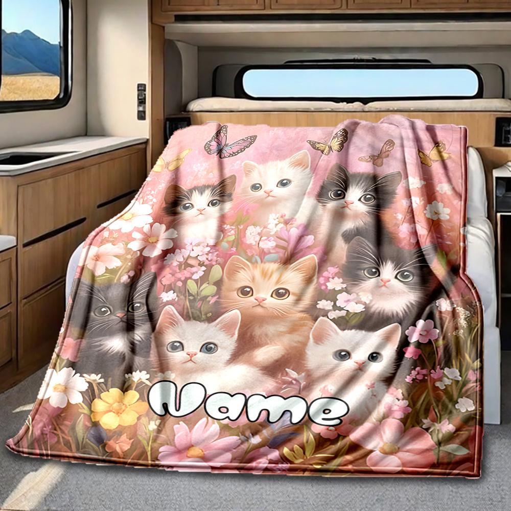 Cute Kittens Among Flowers And Butterflies Blanketcustomizable With Your Namecomfortable And Stylish Perfect For Travel Beds Chairs Offices Sofas