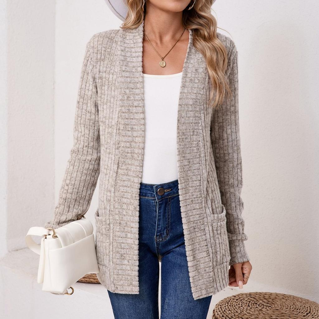 Women Ladies Solid Color Long Sleeve Length Cardigan Sweater Coat Top