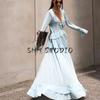 Summer New Product Women's Clothes Laminated Decoration V Neck Long Sleeves Ruffle Top + Long Midi Skirt Skirt Suit