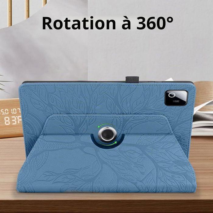 Coque + Verre Trempé pour Xiaomi Pad 8 /8 Pro/7/7 Pro/9, Etui Rotatif Synthécuir Relief Arbre Bleu