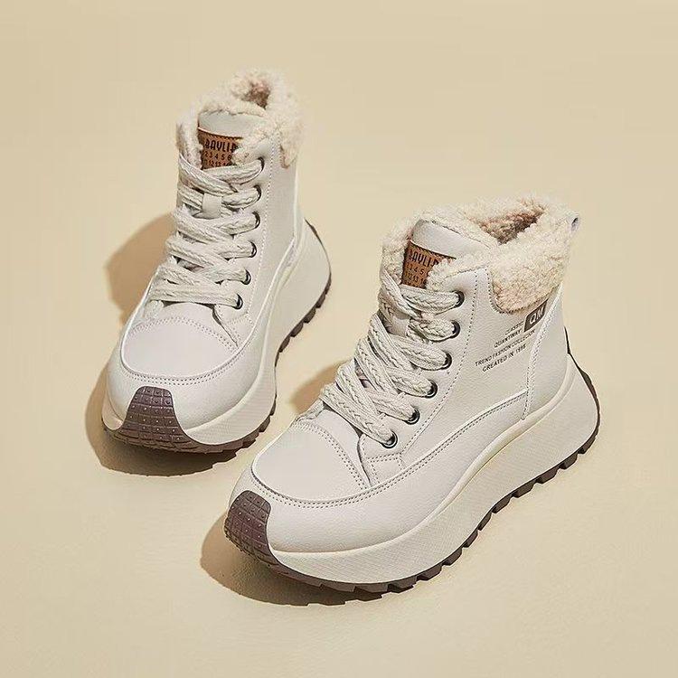 Women Leather Thick Sole Ankle Snow Boots Winter Plush Thickened Warm Outdoor Waterproof Non Slip High Top Lace Up Cotton Boots