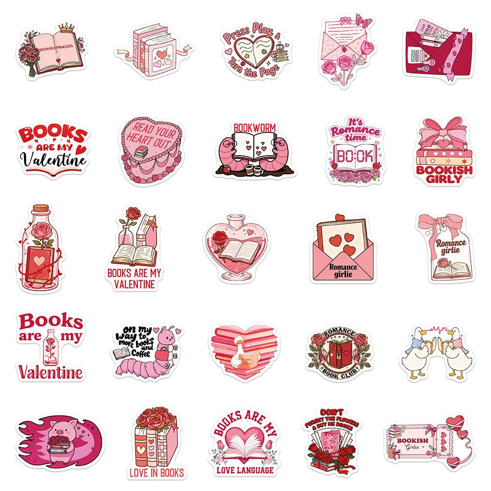 10/30/50pcs Pink Valentine's Day Bookish Stickers Kawaii Cartoon Reading Animal Sticker Laptop Scrapbooking Phone Decals Packing