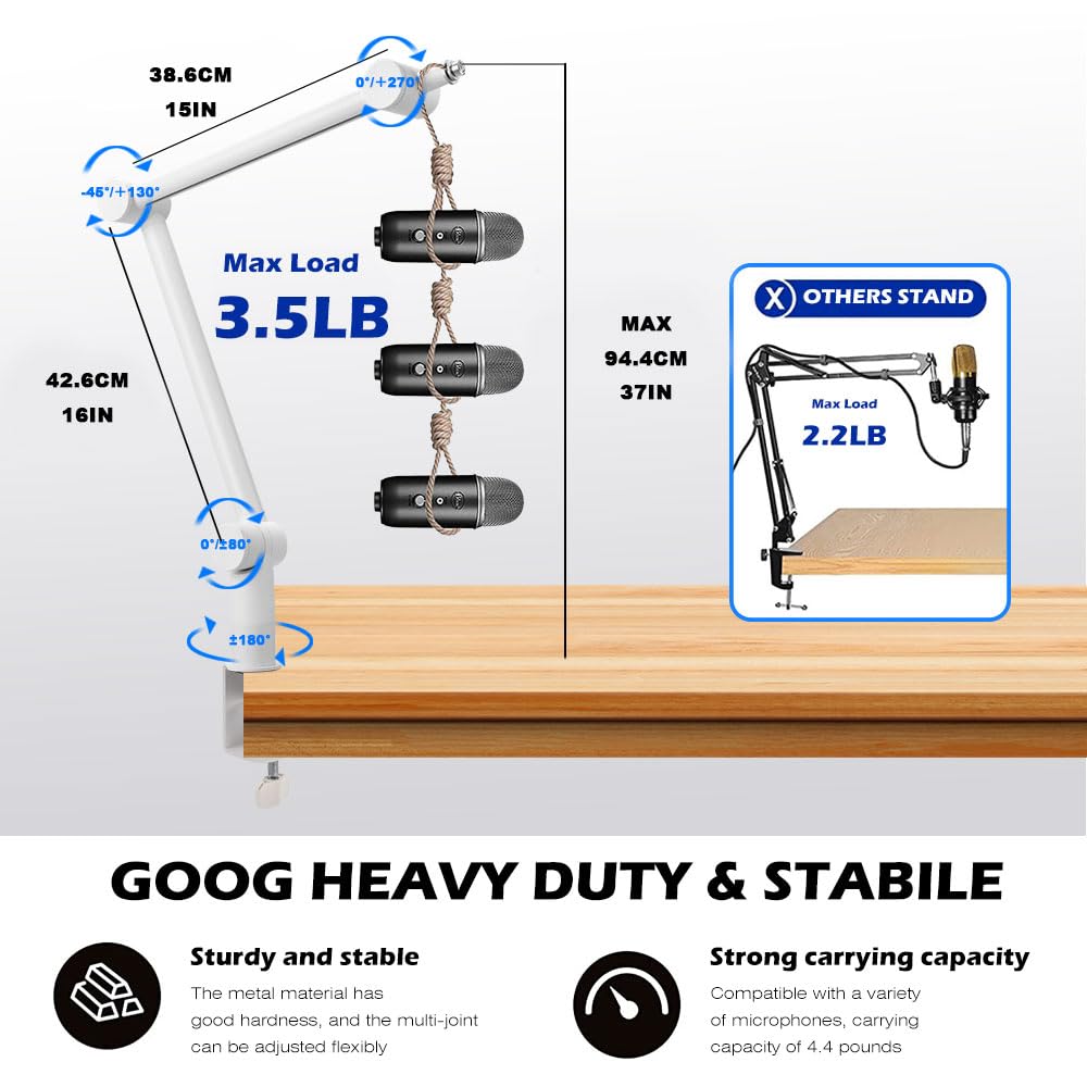 BOMGE Boom Arm Microphone Stand Adjustable Suspension Boom Scissor Arm Stand with Cable Management Channel and Desk Clamp for Home and Recording -