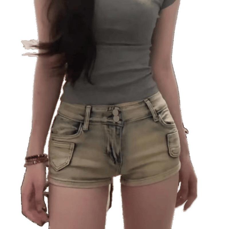 Women's Retro Low-Waist Distressed Denim Shorts - Slimming A-Line Hip-Hugging Hot Pants for Summer.