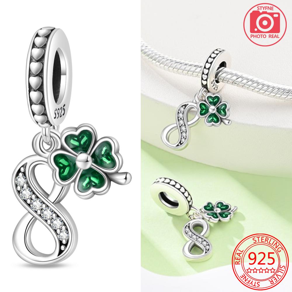 Медь Оригинальная Цифровая Подвеска Сердце Розовый Циркон Камень Шарм Клевер Четырехлистник Бусины Подходят Браслет Женский DIY Подарок Аксессуар