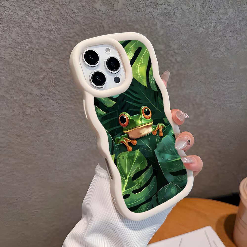 

Kawaii Frog Phone Case for iPhone 17 16 15 14 13 12 11 Air Pro Max Plus White Soft TPU Wavy Edge Cover iPhone 16