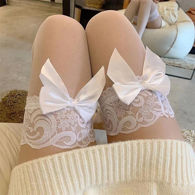 Sweet Bow Streetwear Women's Lovely Lace Bow Thigh High Silk Stockings Sexy Female Contrast Color Over-knee-socks Cosplay