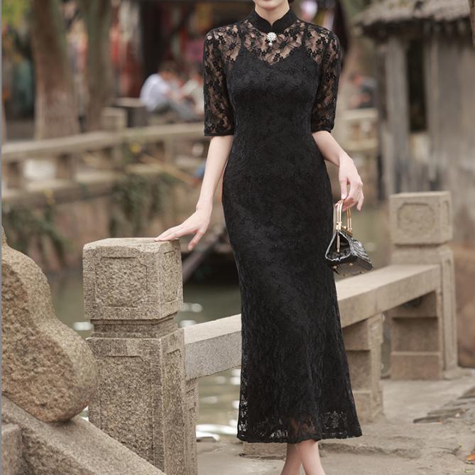 

Кружевное платье Qipao Длинное повседневное платье «рыбий хвост» с рукавами 3/4