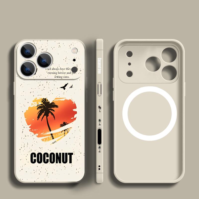 Magnetic For Magsafe Case For iPhone 17 Pro Max Seaside Coconut Print Soft Silicone Phone Back Cover For iPhone 16 15 14 13 Pro Max 16e 17e