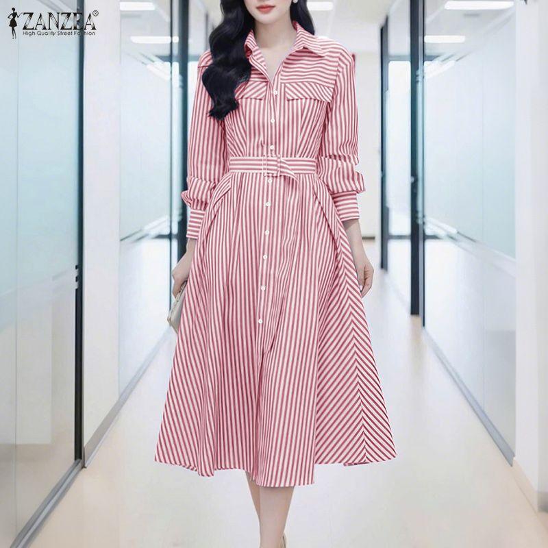 ZANZEA Women Casual Turn Down Collar Long Sleeve Loose Stripe Dress