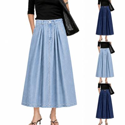 Retro Blue Split Denim Midi Skirt for Women In , Oversized To Cover the Belly and Thinness, Mid Length A-line Skirt