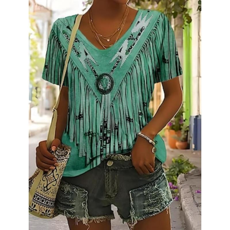 

Женская футболка с графическим принтом Bohemia Vintage Western с коротким рукавом и V-образным вырезом, обычные топы, повседневная пляжная одежда, одежда для отпуска, принт, лето 6XL