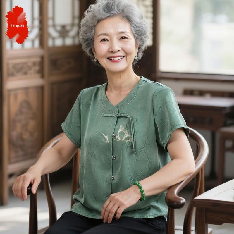 Elderly Women s New Chinese Style Short Sleeve Summer Blouse 3XL