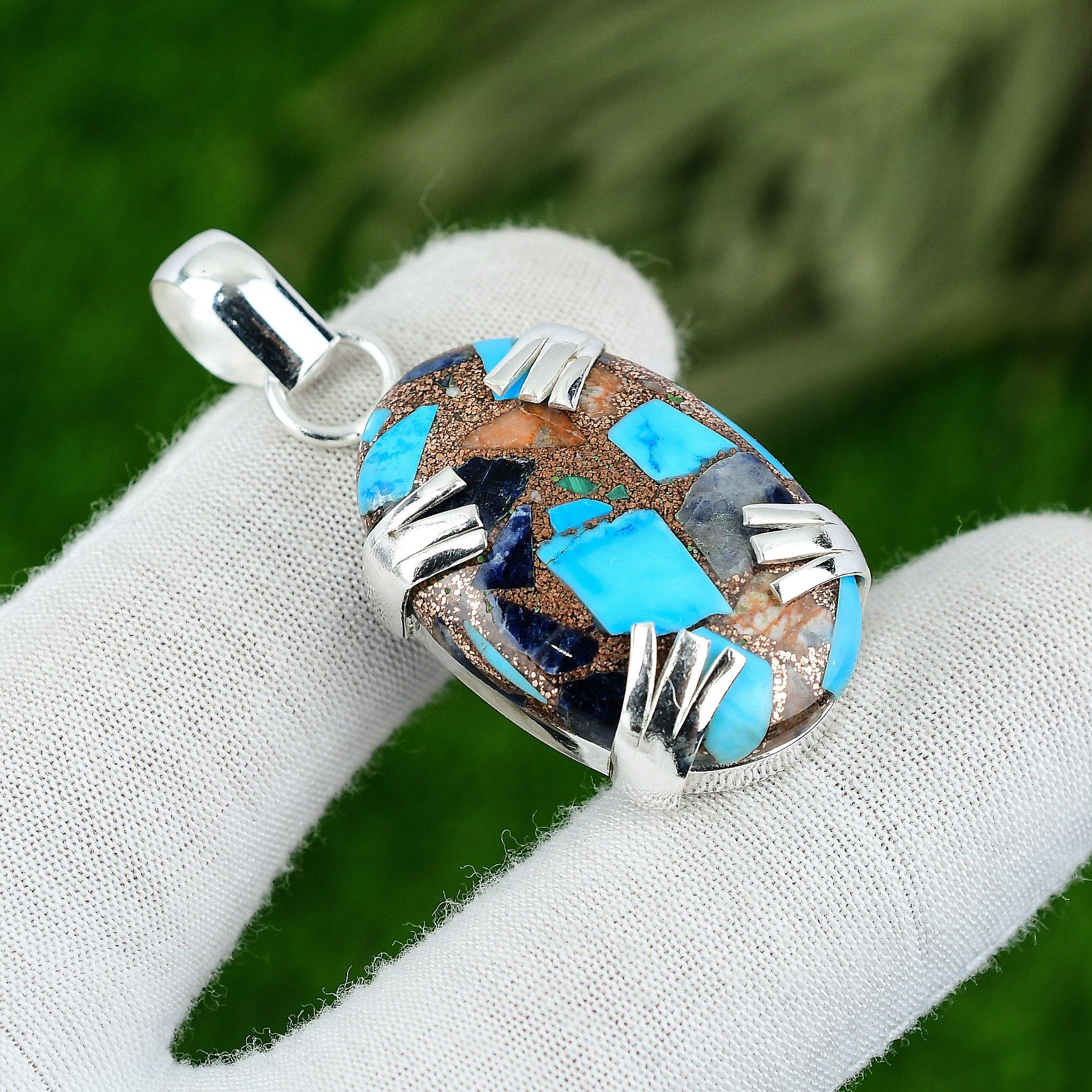 

Womens day Deal 925 Silver Natural Copper Multi Turquoise Bezel Birthday Pendant