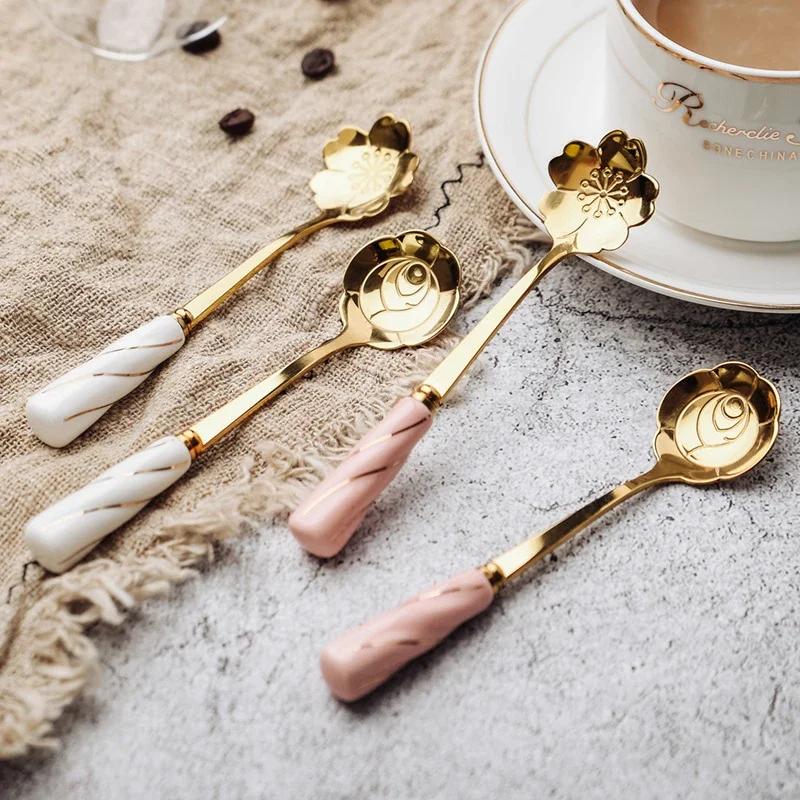 Stainless Steel Vintage Dessert Teaspoons Flowers Design Tableware Kitchen Tools for Tea, Coffee Mixing and Drink Tableware
