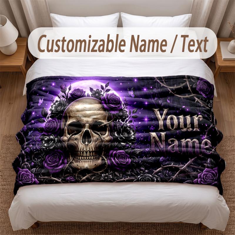Skull Gothic Theme Soft Blanket Personalized Custom Name Text Print Warm Blanket Home Sofa Bedroom Decor