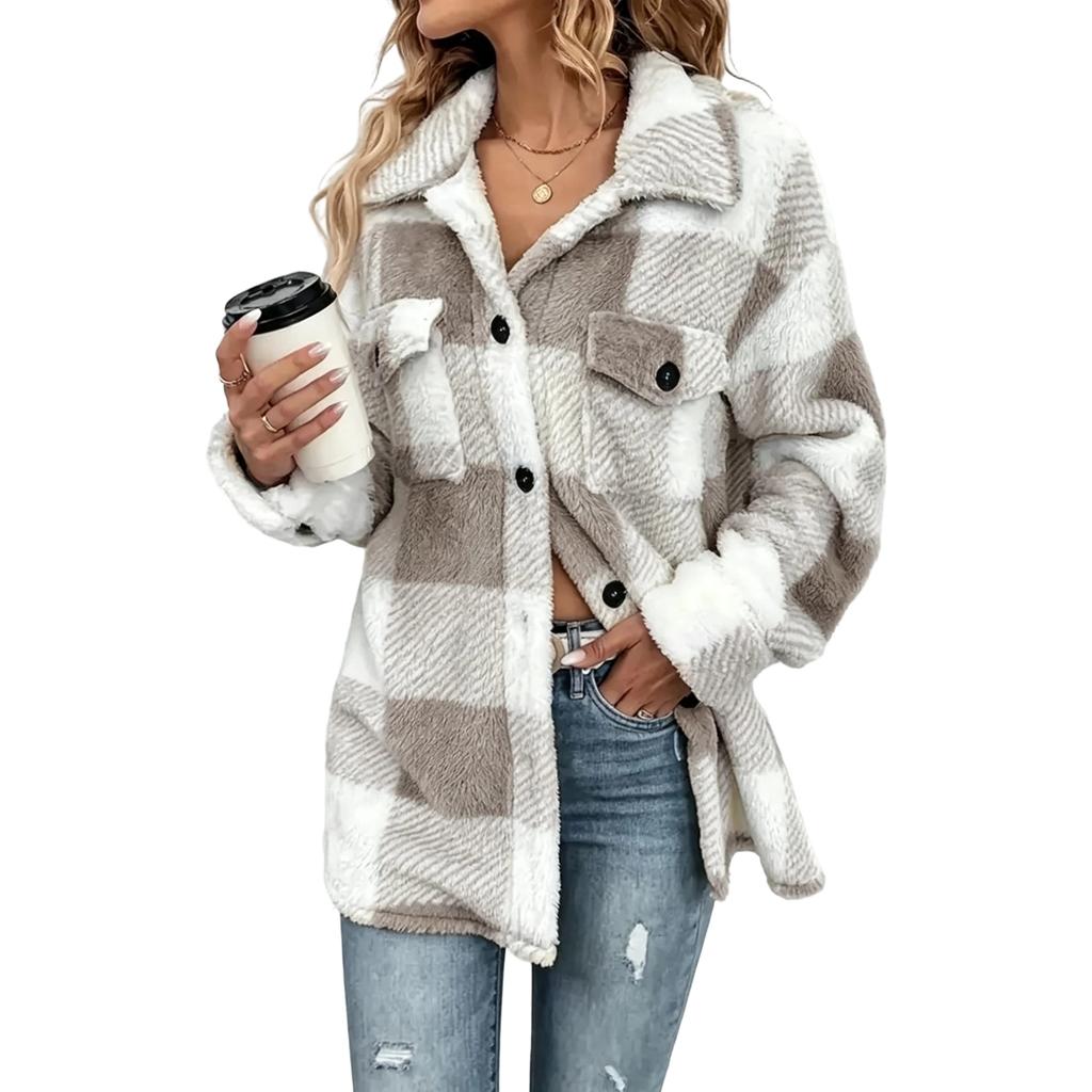 Women's Elegant Plaid Fuzzy Jacket for Fall Winter - Cozy Stylish Outerwear