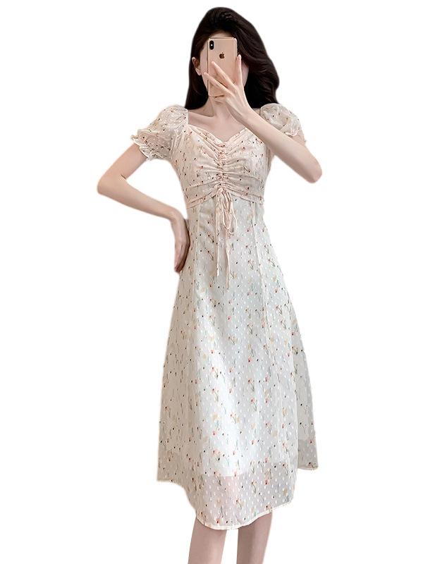 French Sweet Floral Chiffon Square Neck Dress for Women