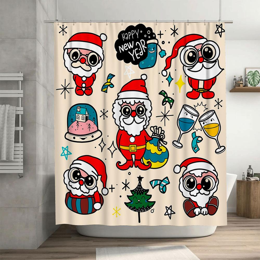 Whimsical Santa Claus Christmas Shower Curtain Set for Home Decor Happy New Year Party Decoration Gifts Idea
