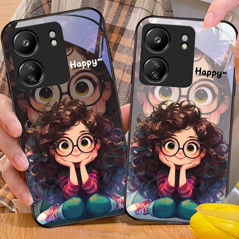 Curly Haired Girl For Xiaomi Redmi 13C Note13 12 Pro Plus 5G Note 9 13T Pro POCO X6 F5 F6 Black Tempered Glass Phone Case