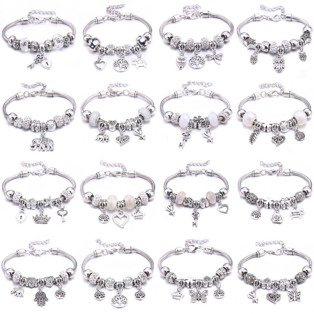 New Charm Bracelet & Bangles Jewelry White Butterfly Crown Beads Bracelets Brands Bracelets Fit Women Girl Friendship Gift