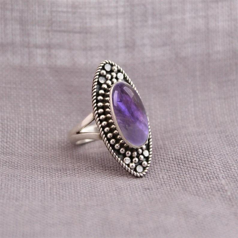 Amethyst Oval Gemstone Ring, Solid 925 Sterling Silver Ring, Handmade Jewelry, Women Ring, Gift For Her