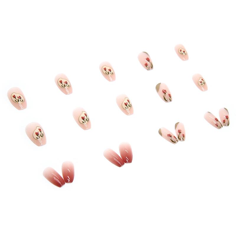 Artificial Nails Wearable Manicure, Ballet Manicure, Gradient Tulip Flower Manicure, Removable French Manicure