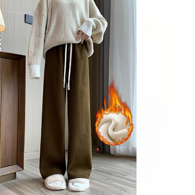 Plus Velvet Wide-leg Pants Women's Autumn and Winter High-waist Drape Loose and Thin Corduroy Straight Mopping White Casual Pants