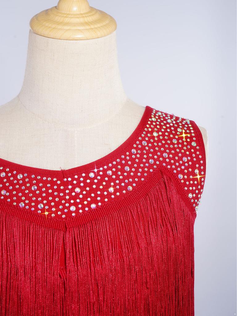 Vestido de Danza Latina para Niñas con Borlas, Flecos Asimétricos, Pedrería Brillante, Recorte, Disfraz para Actuación en Escenario