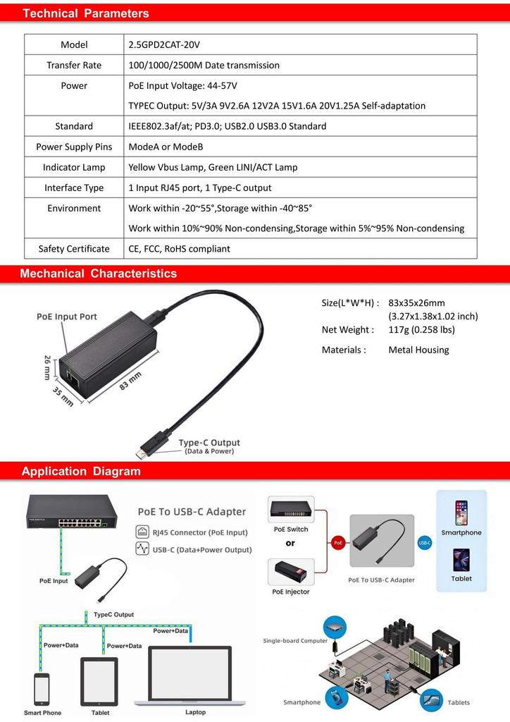 POE+ Network Card USB-C Power Supply: 5V-20V Fast Charge PD Charging for Mobile Phones & Tablets