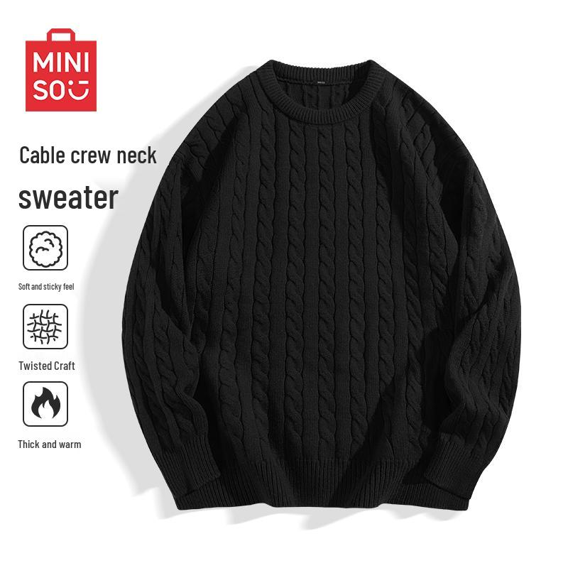 MINISO Men's Retro Cable Knit Round Neck Sweater