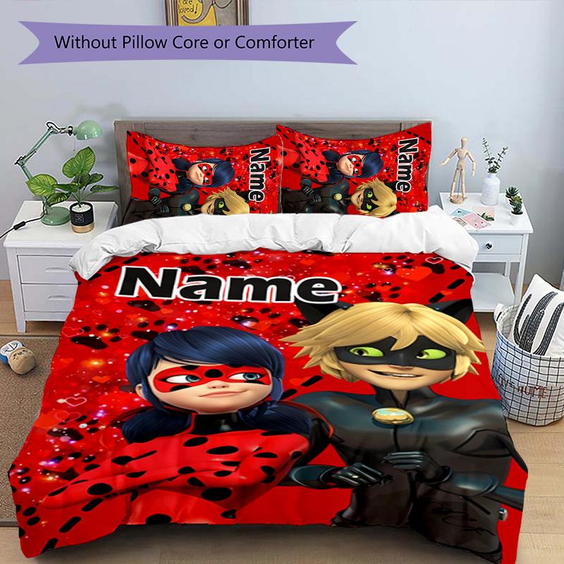 3pcs Ladybug2 Cover Set - Personalized Name, HD Printed Bedding with 1 Cover and 2 Pillowcases - Perfect for Home Decor, Easy Care