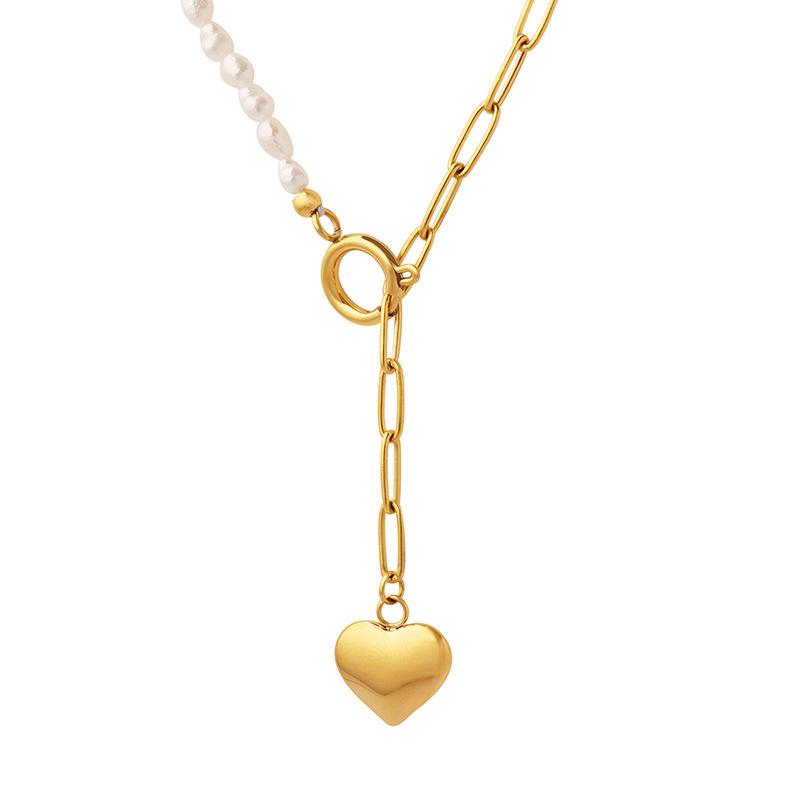 Elegant Heart Pendant Necklace with Natural Freshwater Pearl and Clavicle Chain