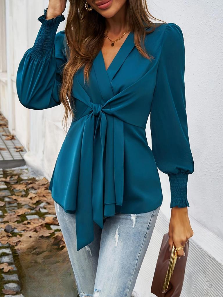 French Vintage Deep V Cross Strap Ruched Waist Shirt Women Lantern Sleeve Ruffled Sleeve Slimming Workwear Top