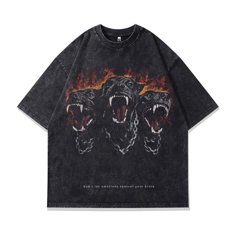 European And American High Street Dark Doberman Print Ins Washed Retro Old Short-Sleeved T-Shirt Men S