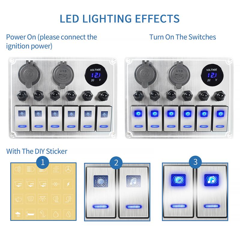 Metal 4/6 Gang with Car Boat Overload Protector Switch Panel Marine Led Rocker Switch Panel Digital Display Toggle Switches